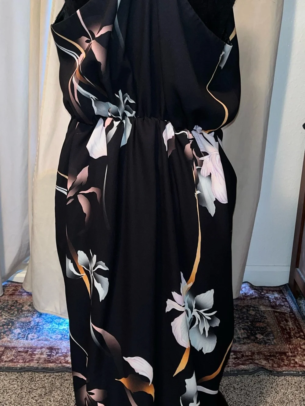City Chic Black Twist-Front Midi Dress with Floral Print Size 16